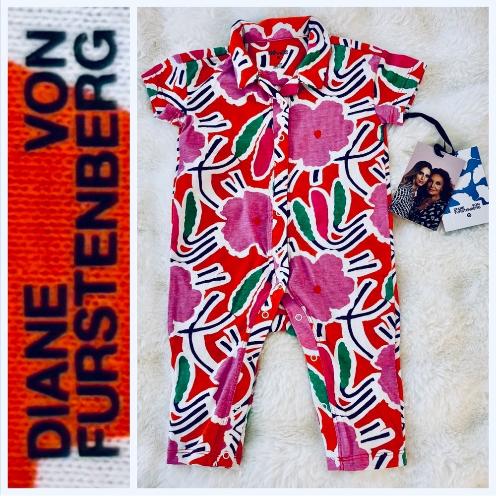 Diane Von Furstenberg Orange Pink Floral Kids Bodysuit Baby Jumpsuit 3-6 months